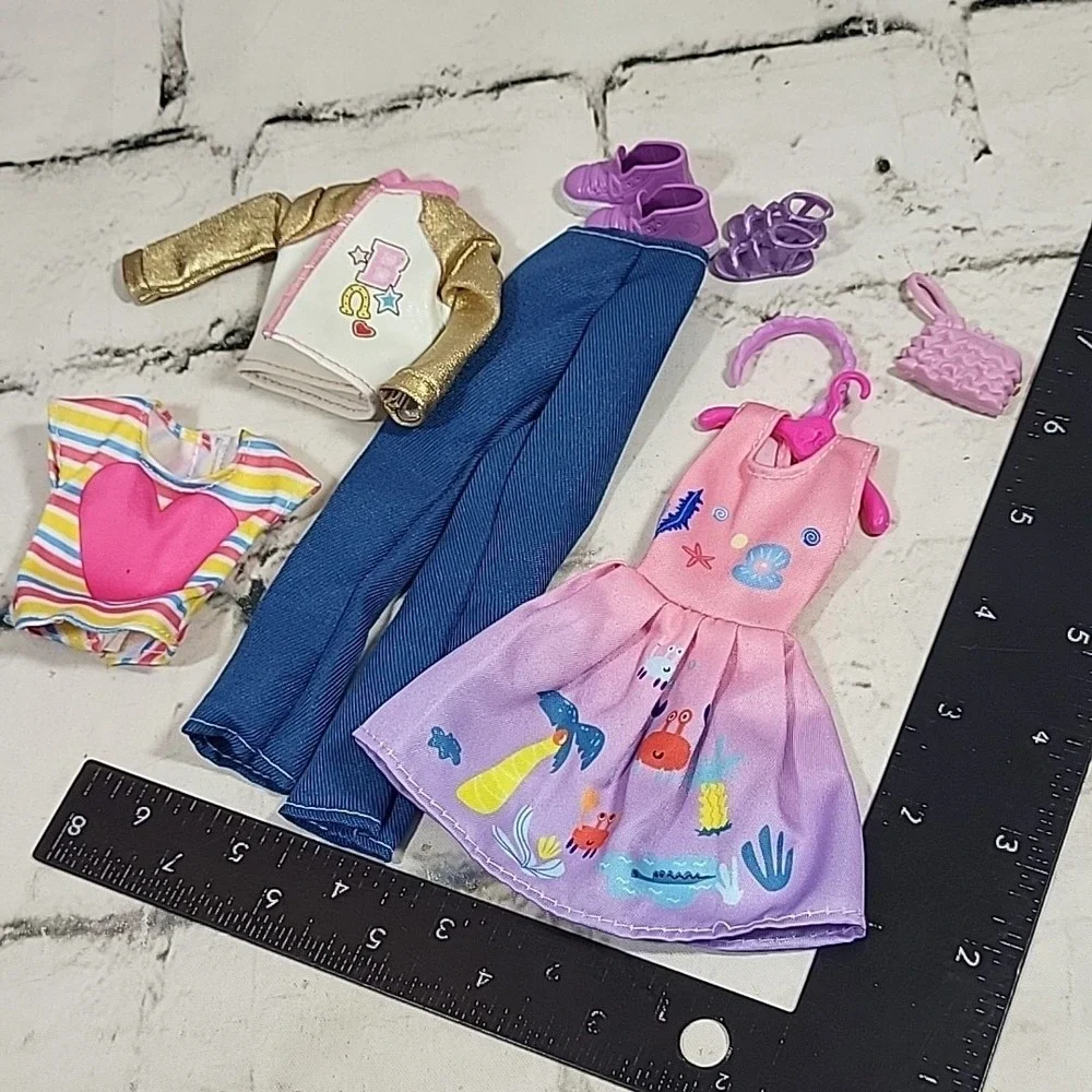 Barbie Doll Clothes Lot‎ Outfits Party Dress Striped Top Shoes Purple Headband
